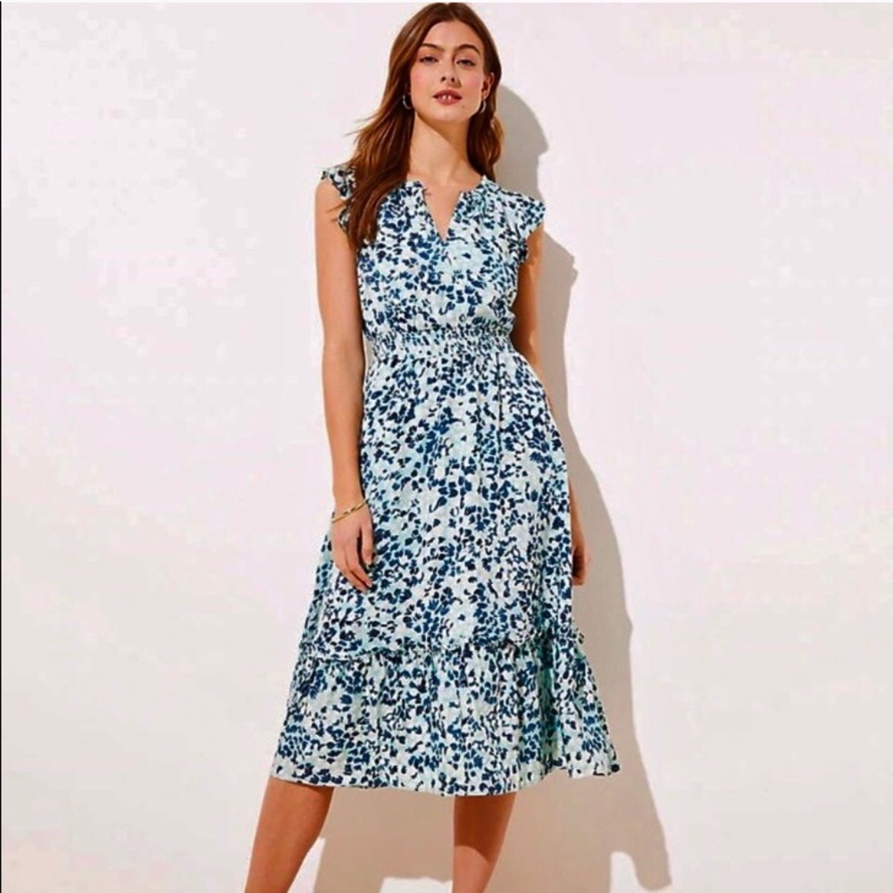 LOFT Floral ruffle sleeve flare dress, 14 Plus